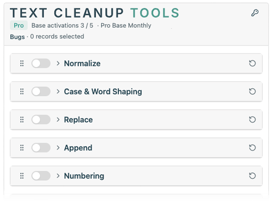 Screenshot of Text Cleanup Tools extension in Airtable